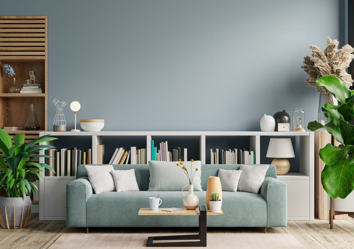 Sofa in the library for reading is located at the back of the living room,which has a blue wall. Reading with Blue Background